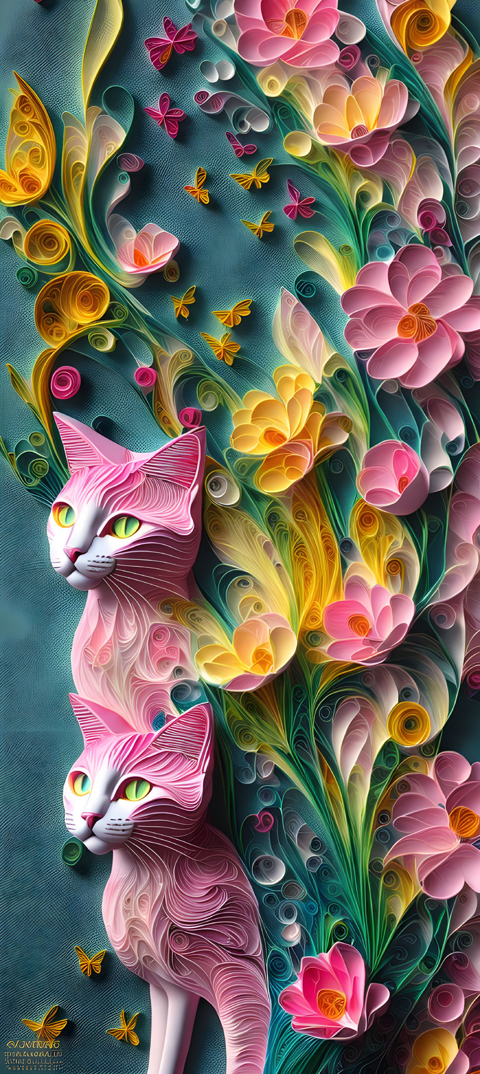 Pink Stylized Cats with Paper Art Flowers and Butterflies on Turquoise Background