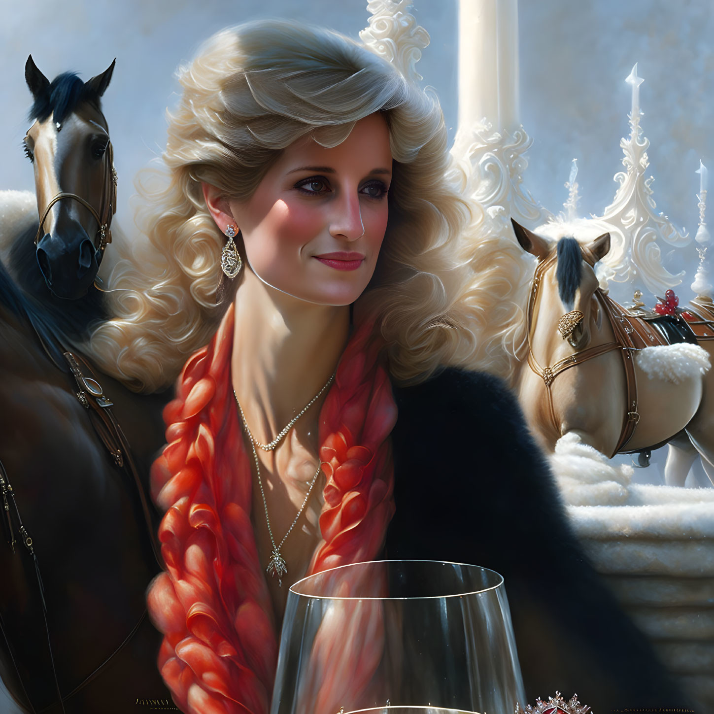 Blonde woman in fur cloak with horses on soft backdrop