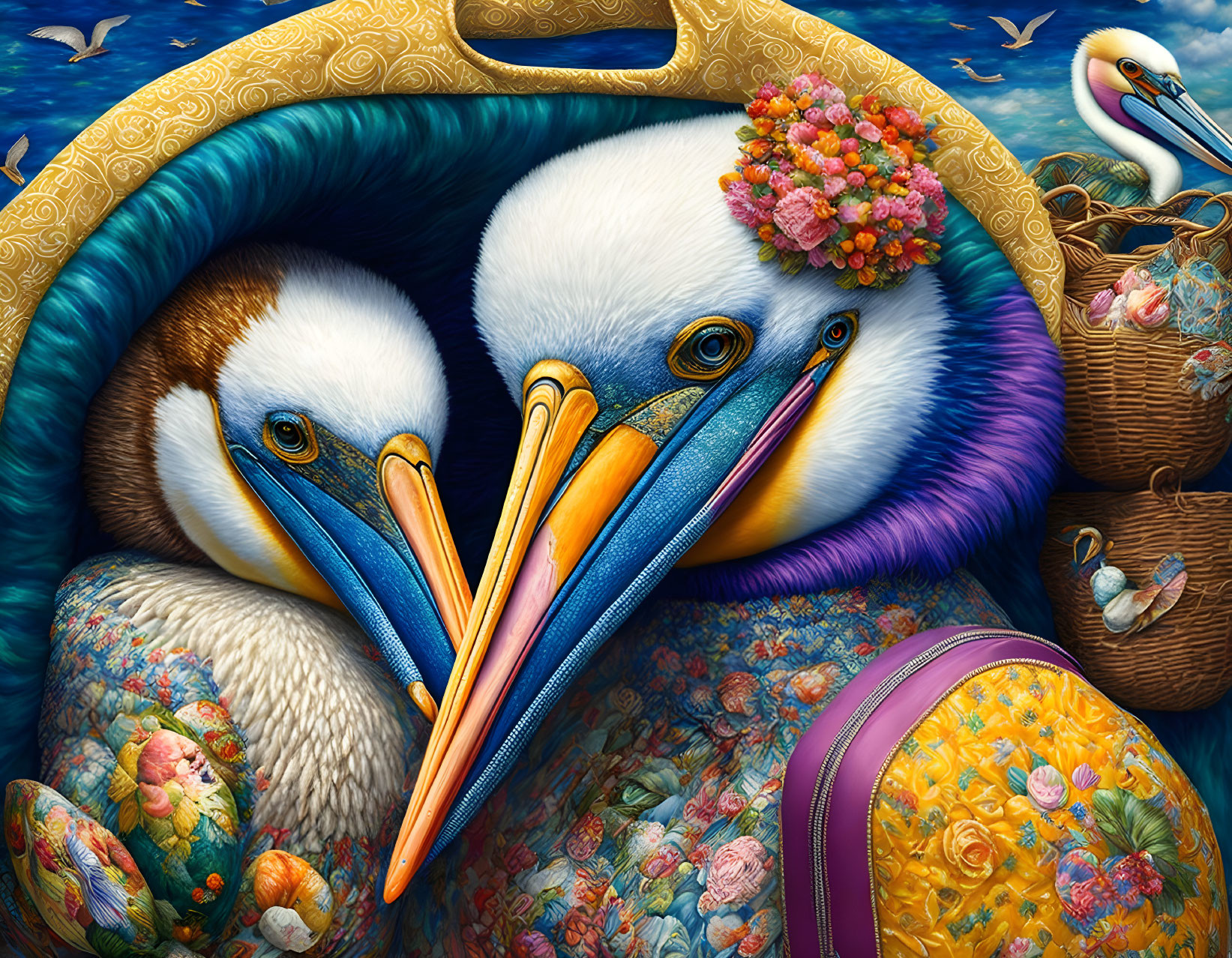 Colorful Pelicans Nestled with Flowers on Vibrant Ocean Backdrop