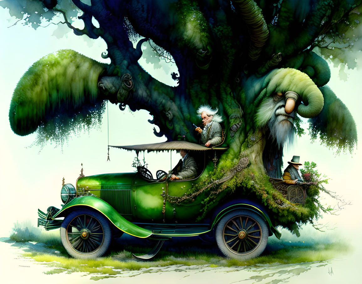 Elderly man playing flute under fantastical tree with classic car trunk