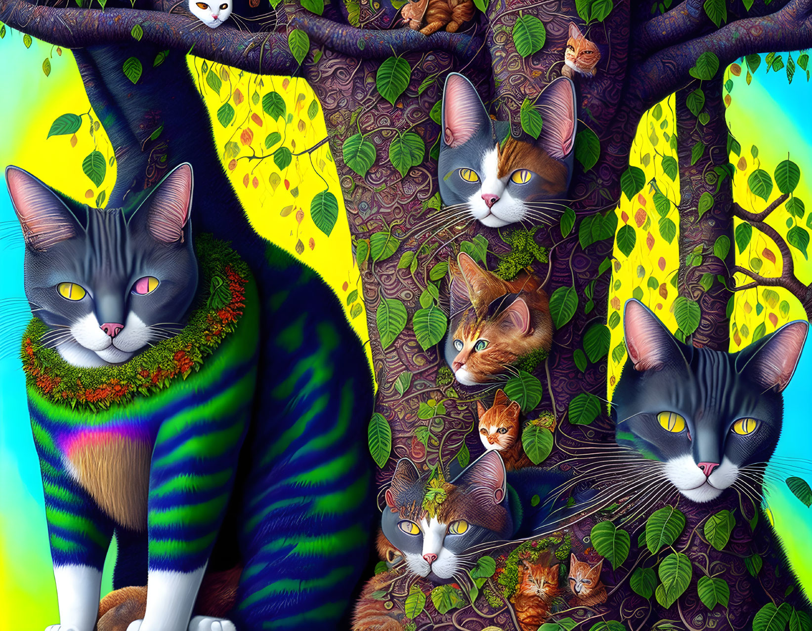 rainbow eucalyptus tree, cats. extreme details, fu