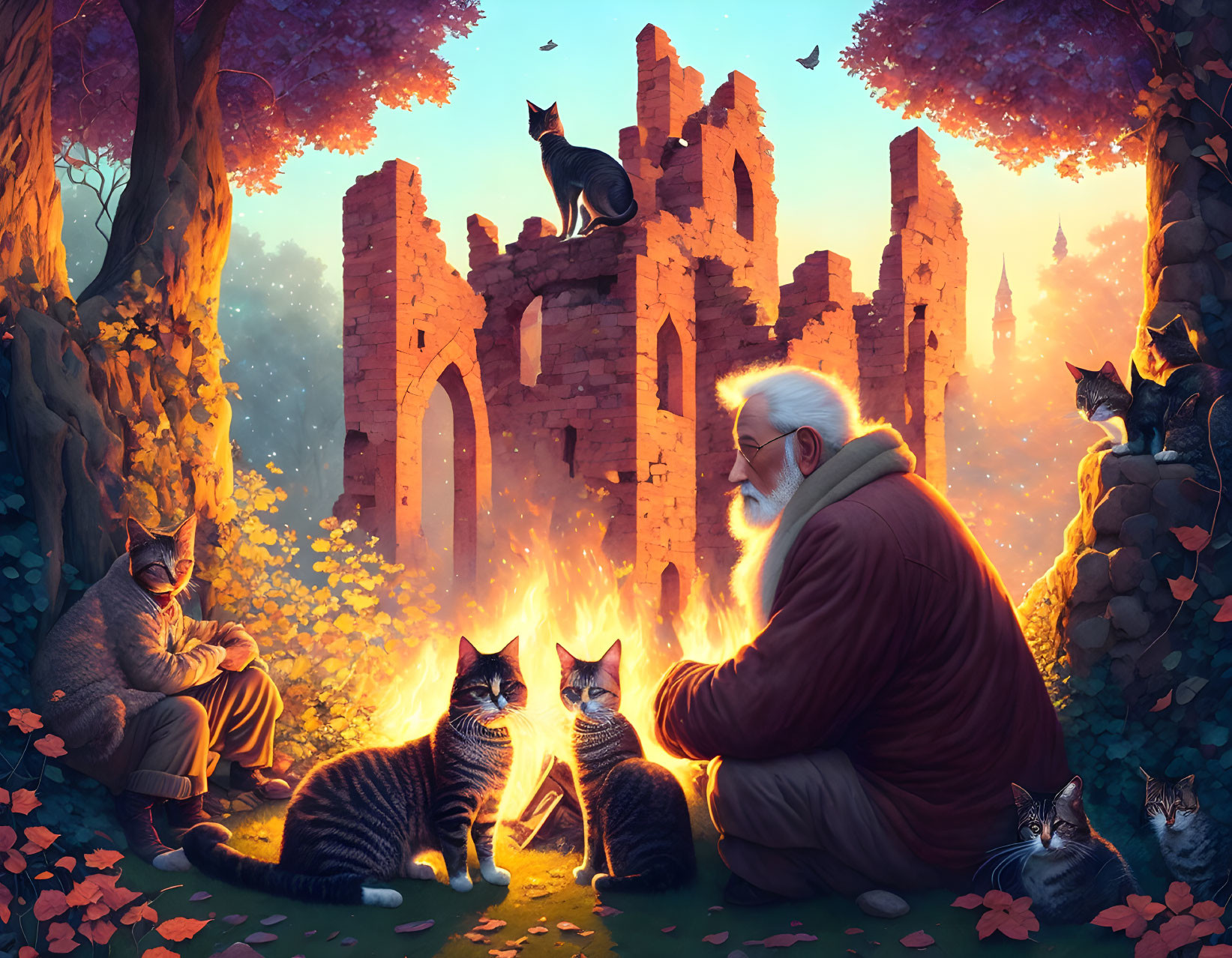 Elderly man with white beard at campfire with cats in forest and ruins at dusk