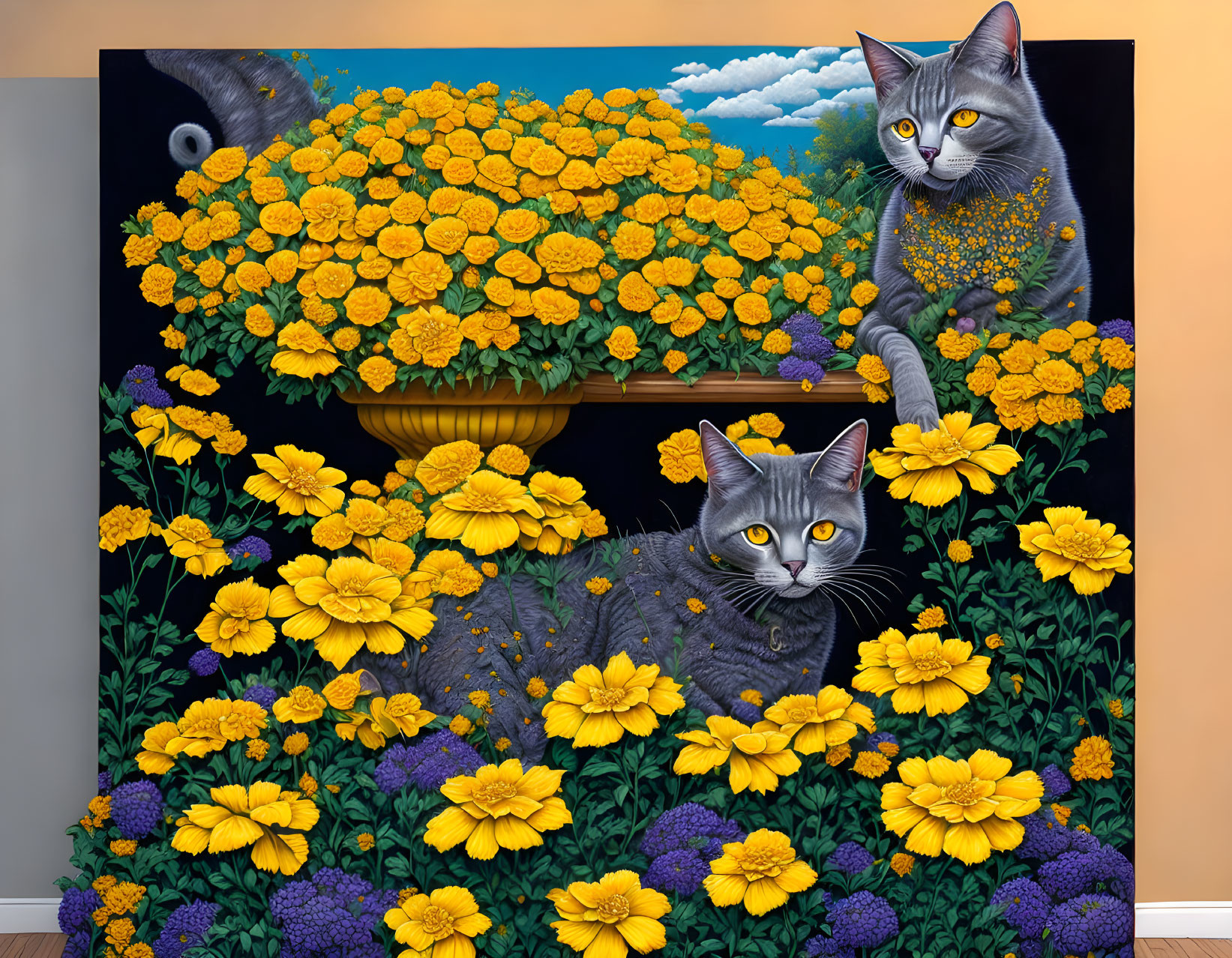 Illustration of two grey cats in floral scene under blue sky