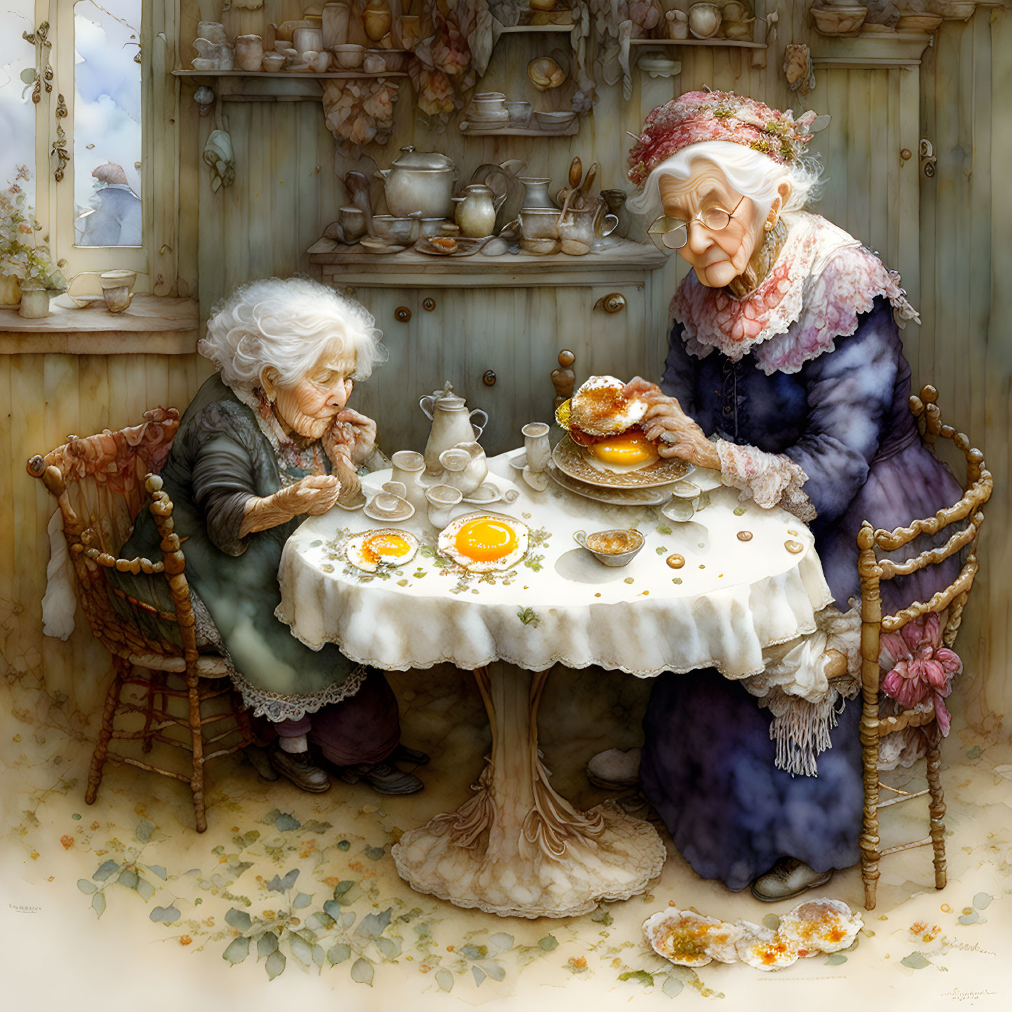 Elderly women in cozy kitchen with tea, cake, and vintage decor