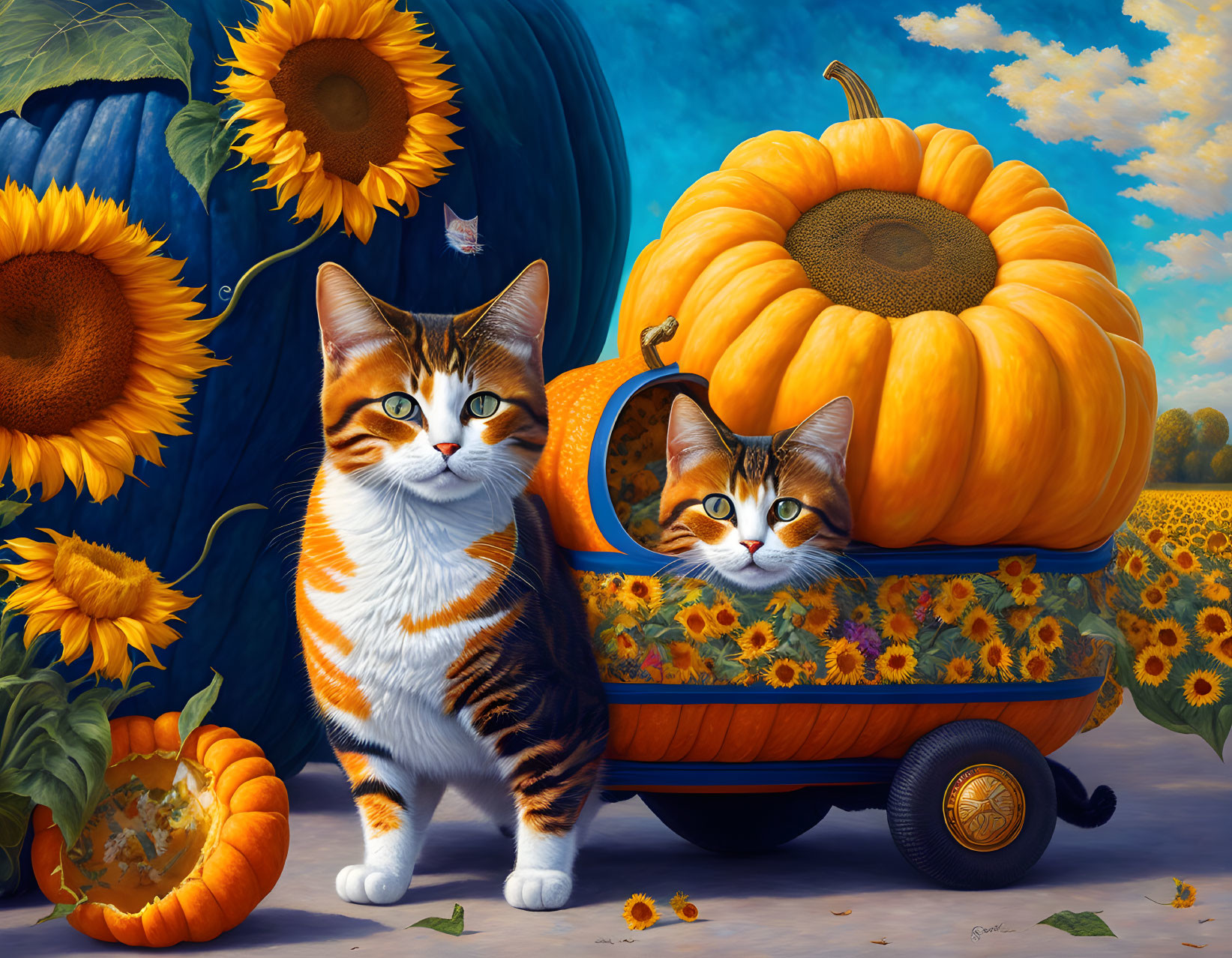 Colorful Painting: Two Cats with Pumpkin Carriage & Sunflowers under Blue Sky