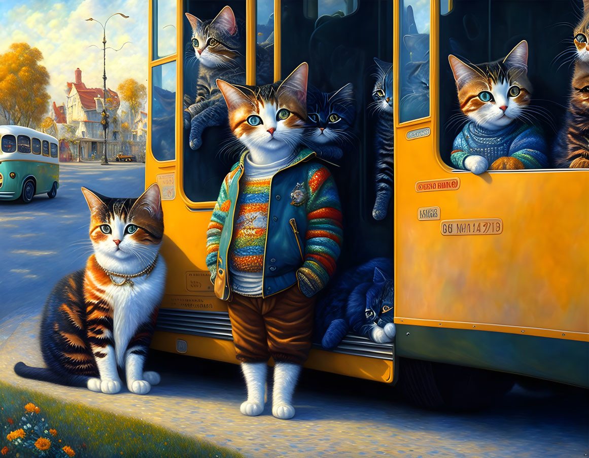 Anthropomorphic Cats in Clothes Waiting Inside Bus