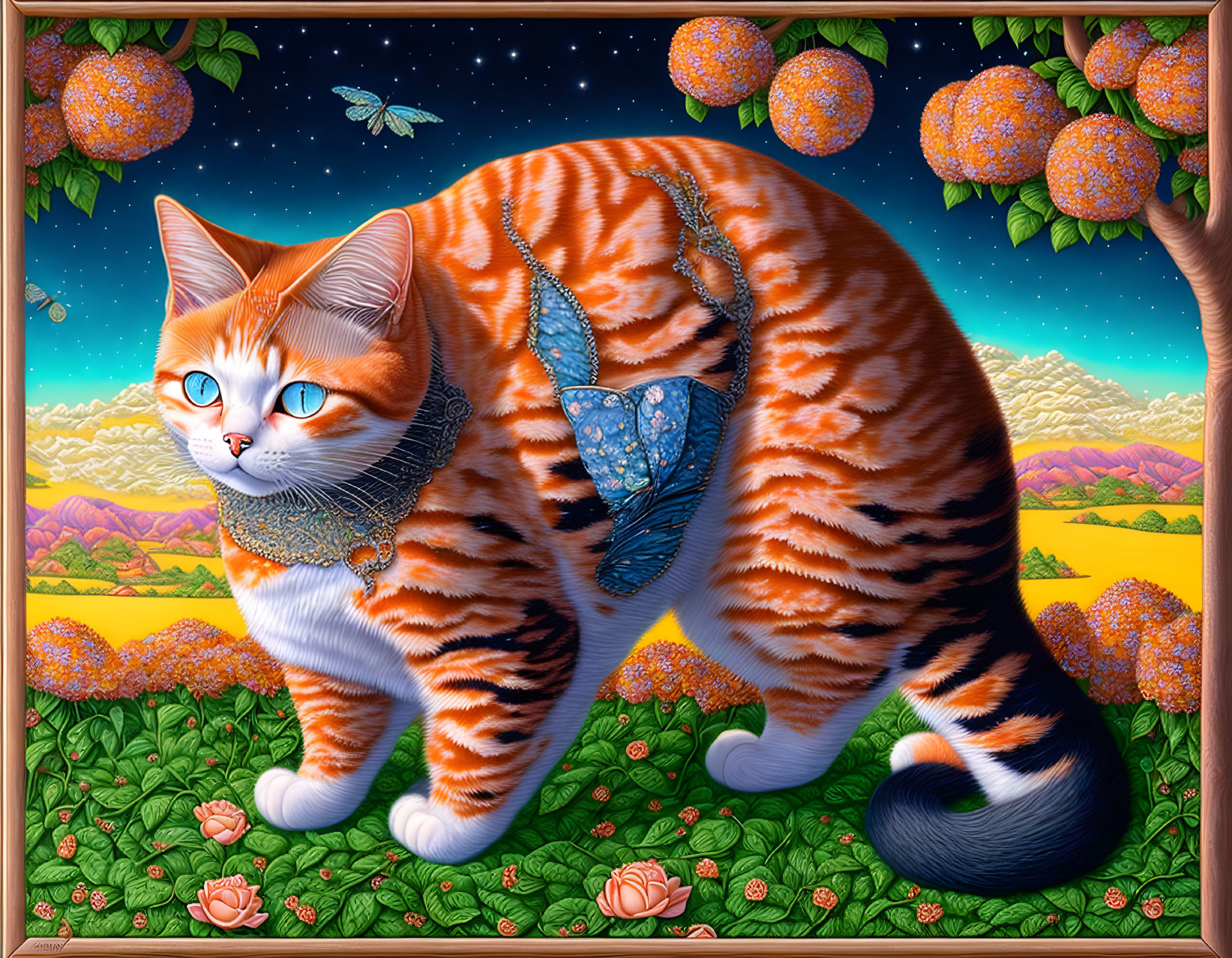 Colorful Artwork: Orange-Striped Cat with Butterfly Wings in Fantastical Landscape