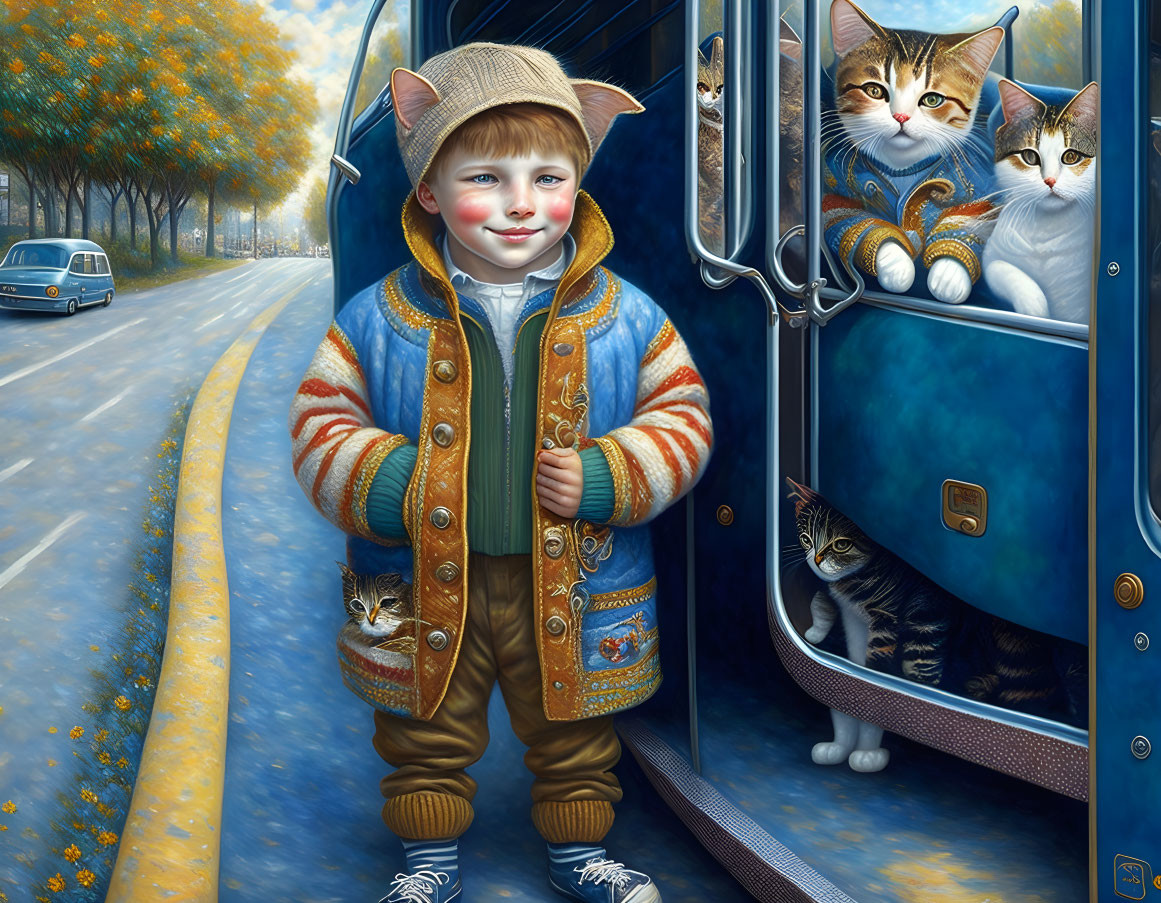 Boy in Cat Costume with Cats by Open Trolley Door in Autumn Street