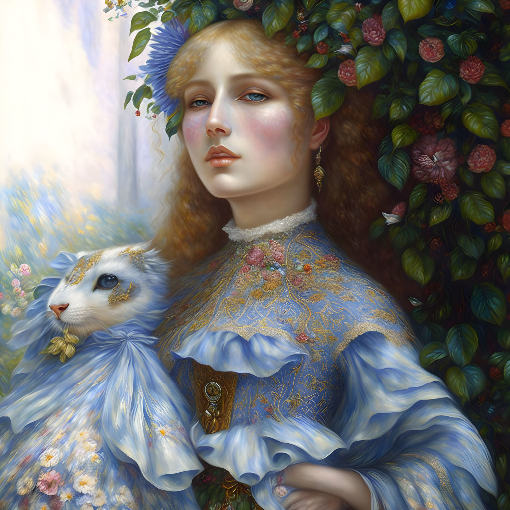 Portrait of Woman with Golden Hair in Blue Dress Holding White Rabbit Among Green Foliage