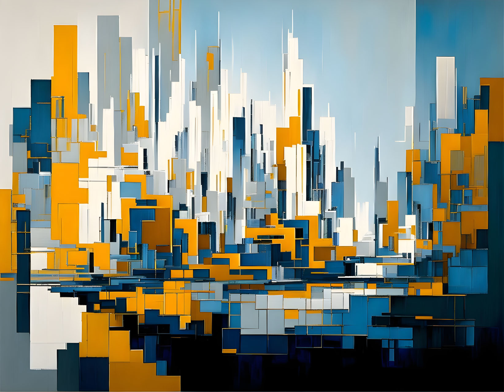 Geometric City Skyline Art in Blue, White, and Yellow