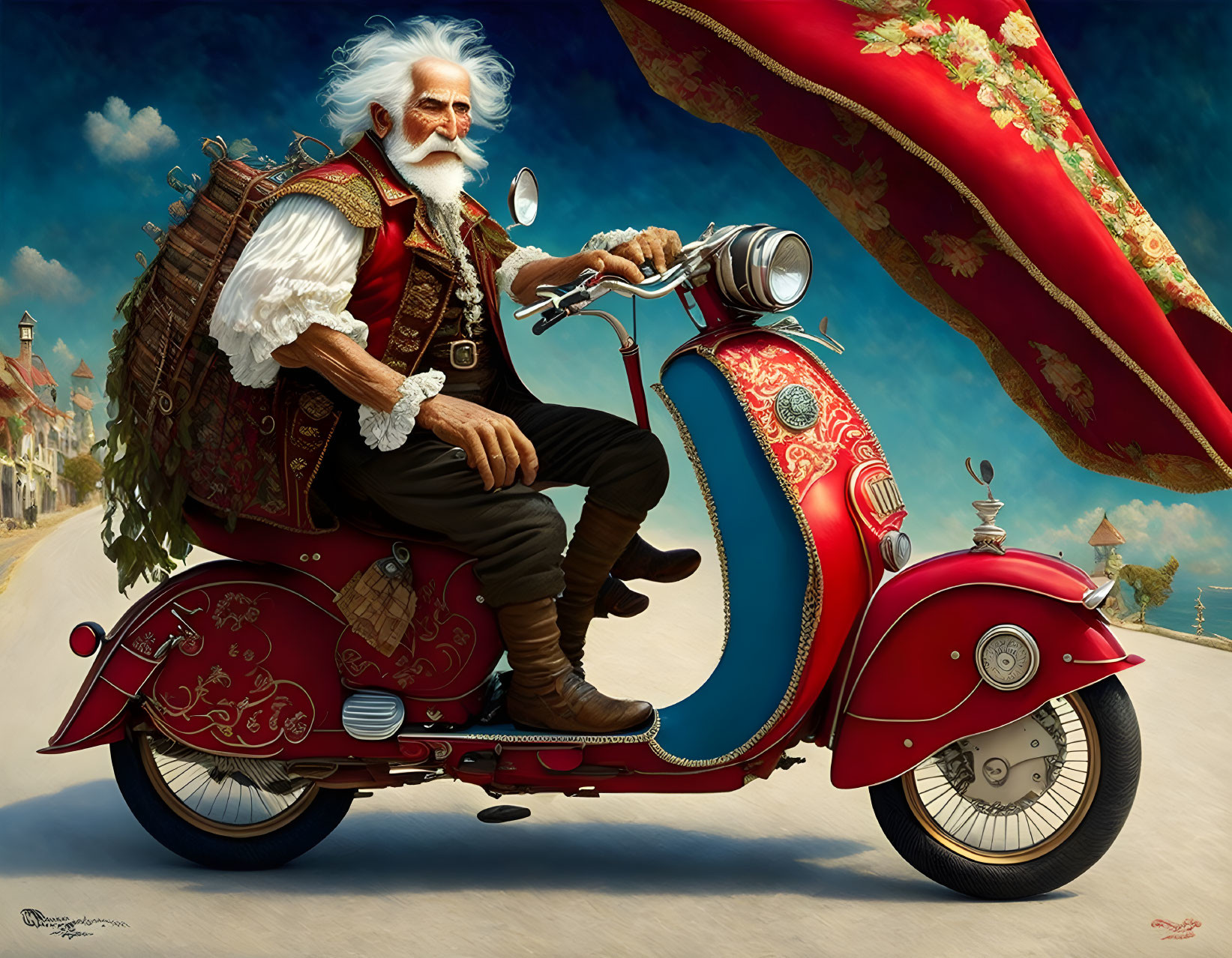 Elderly man with white hair and beard on red scooter under billowing curtain