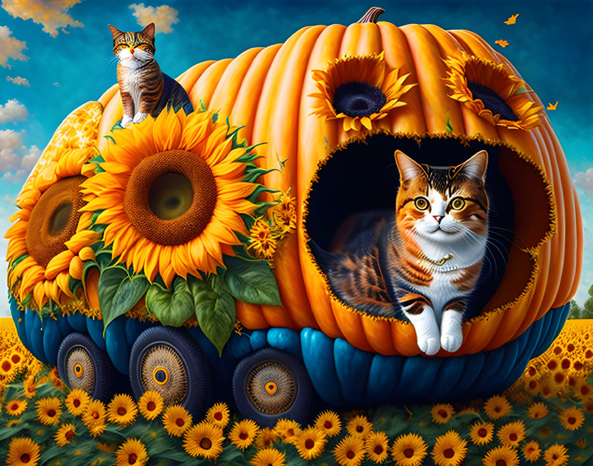 Large pumpkin carving with cat, sunflowers, butterfly in cozy nook