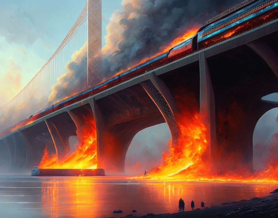 Dramatic burning bridge scene with figures, boat, and illuminated sky