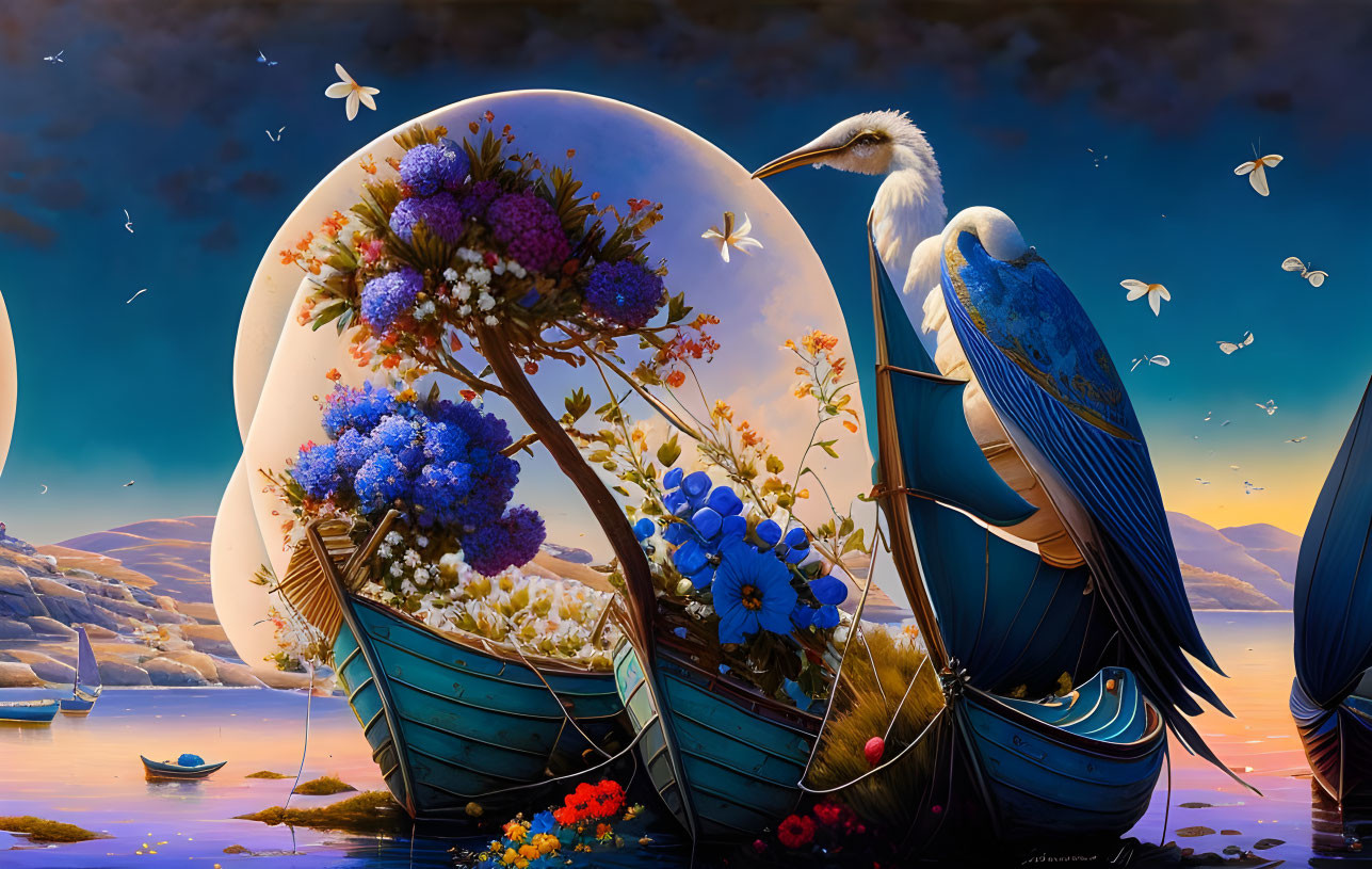 Surreal artwork: full moon, floral boats, heron, butterflies on water landscape