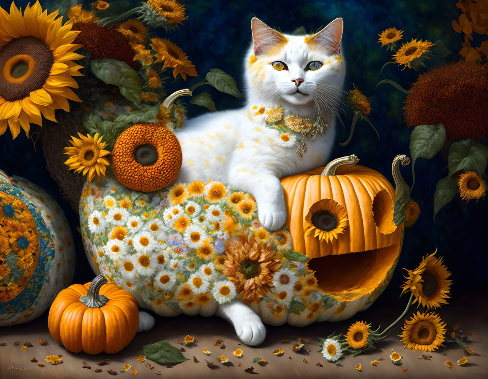 White Cat with Sunflower Collar Resting on Floral Pumpkin Among Sunflowers and Gourds