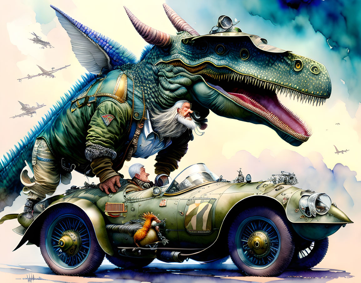 Elderly adventurer with dinosaur in racing car amidst flying planes