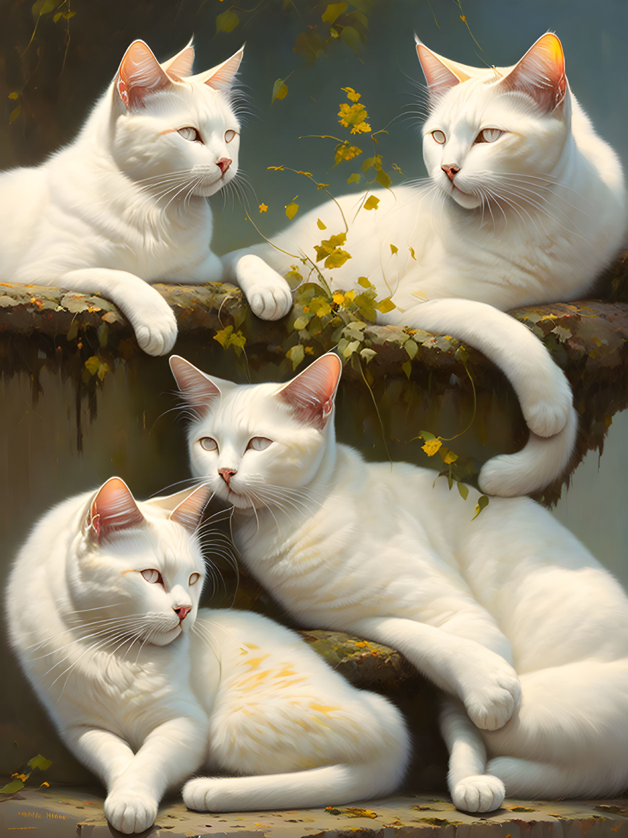 Four White Cats with Red Markings Relaxing on Ledge Amid Yellow Leaves