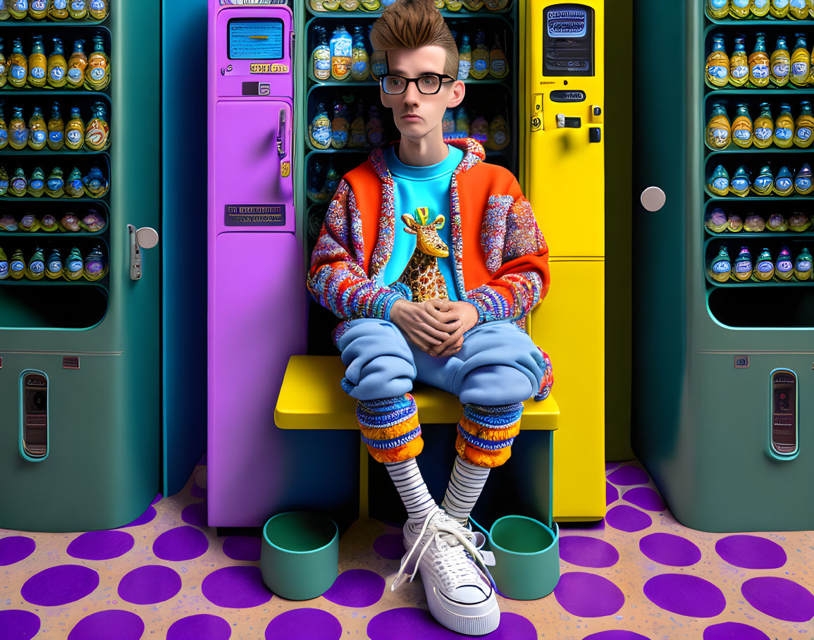 Vibrant 3D rendering: trendy youth at bench by colorful vending machines