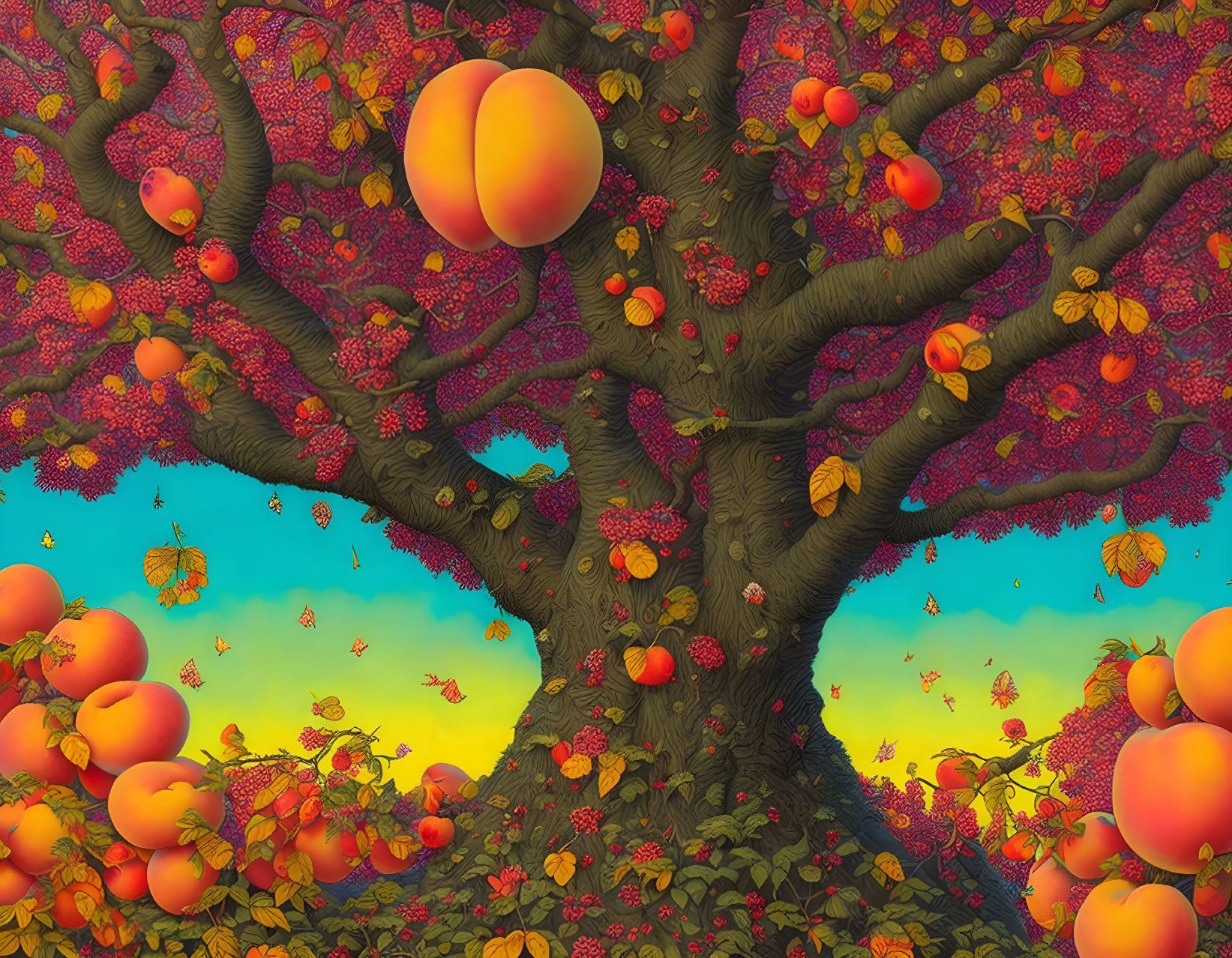 Colorful whimsical tree with oversized peaches in red foliage on blue and yellow sky