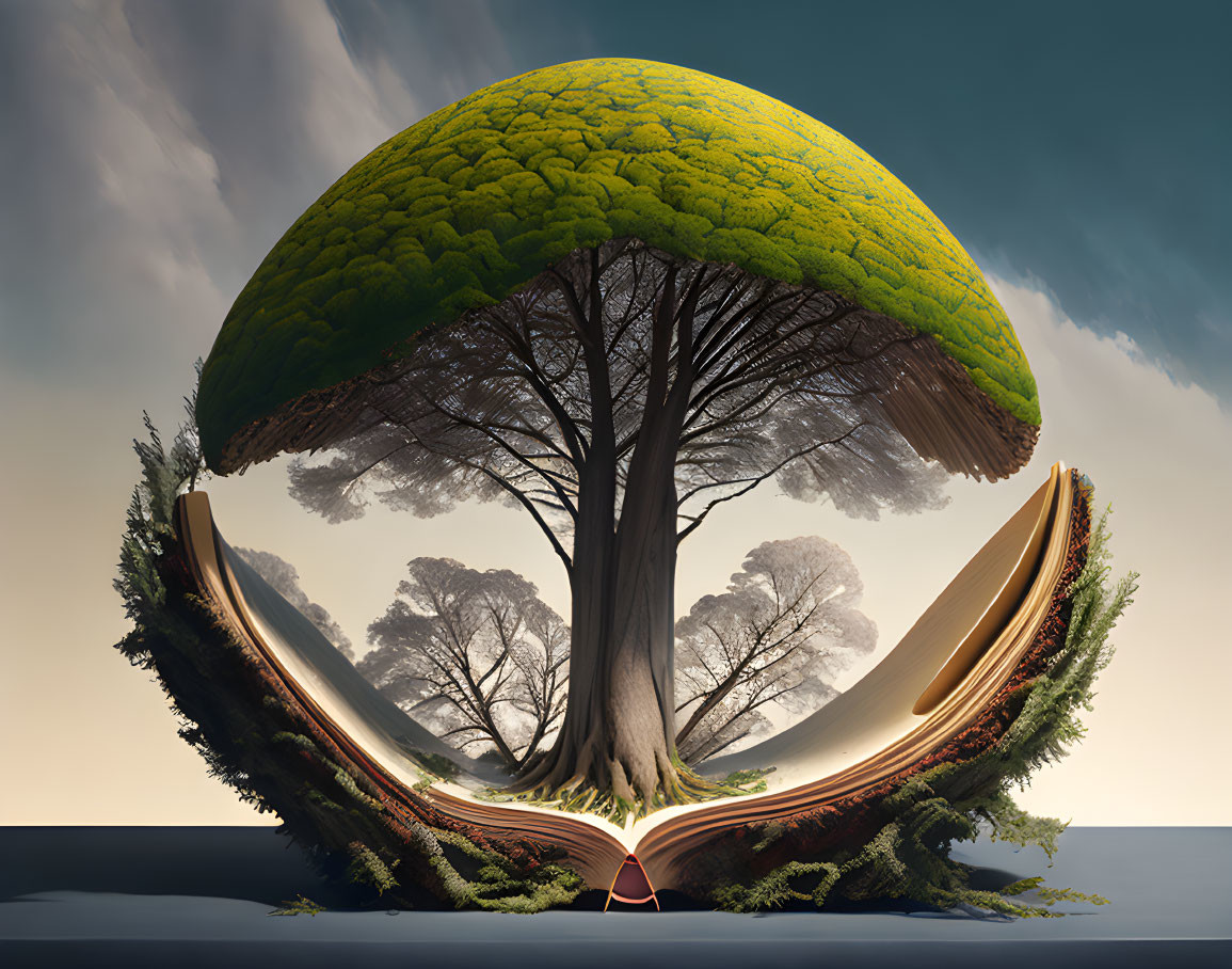 Surreal open book with pages transforming into tree landscape