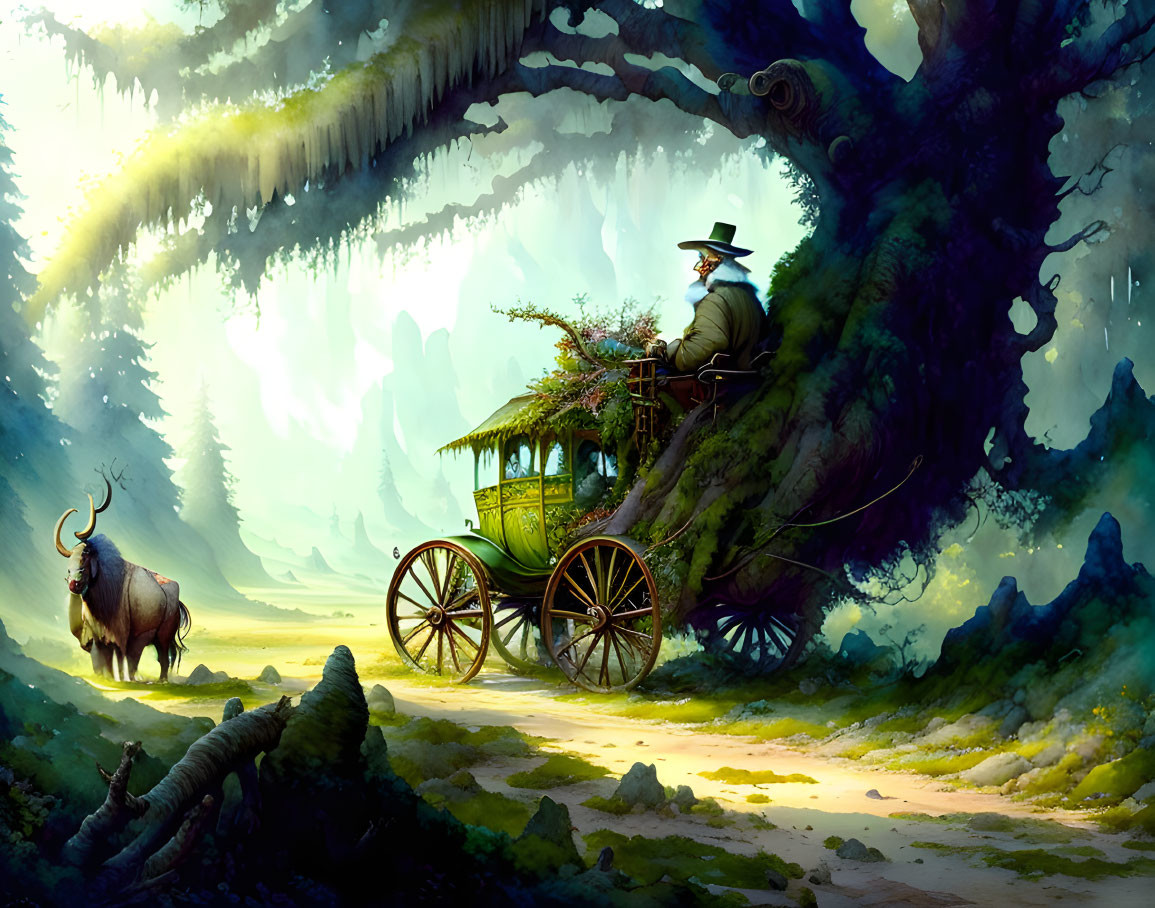 Enchanting forest scene with caravan in tree hollow, person and yak-like creature.