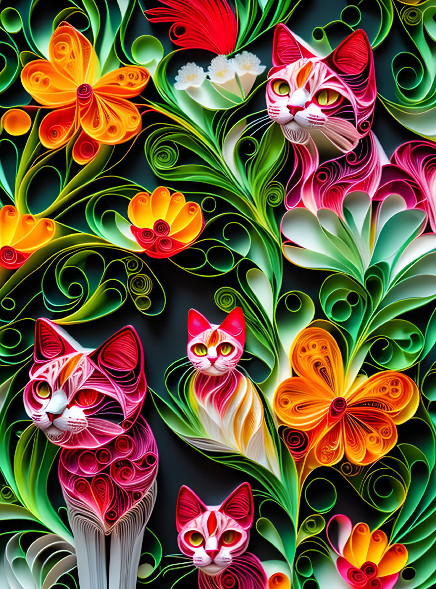 Colorful quilling-style artwork: Cats & floral patterns