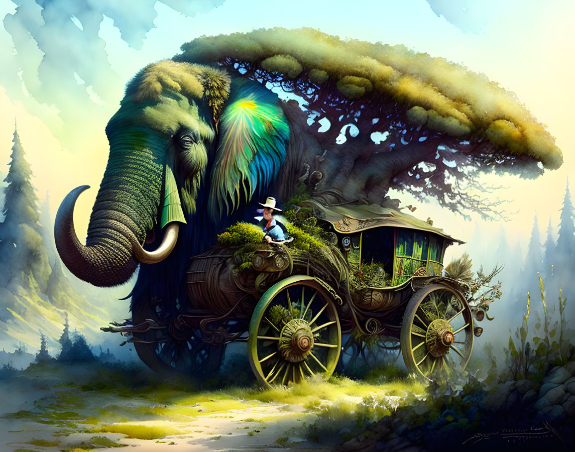 Fantastical illustration: Elephant with tree-like structure supporting wagon in lush scene