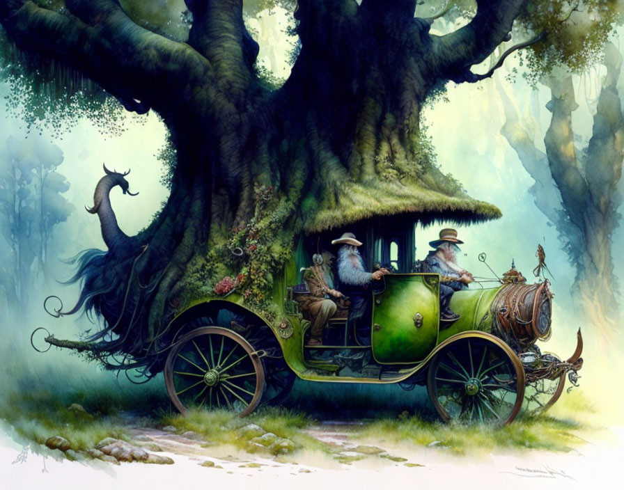 Elderly men in green vintage carriage pulled by seahorse-like creature, with fantasy tree and