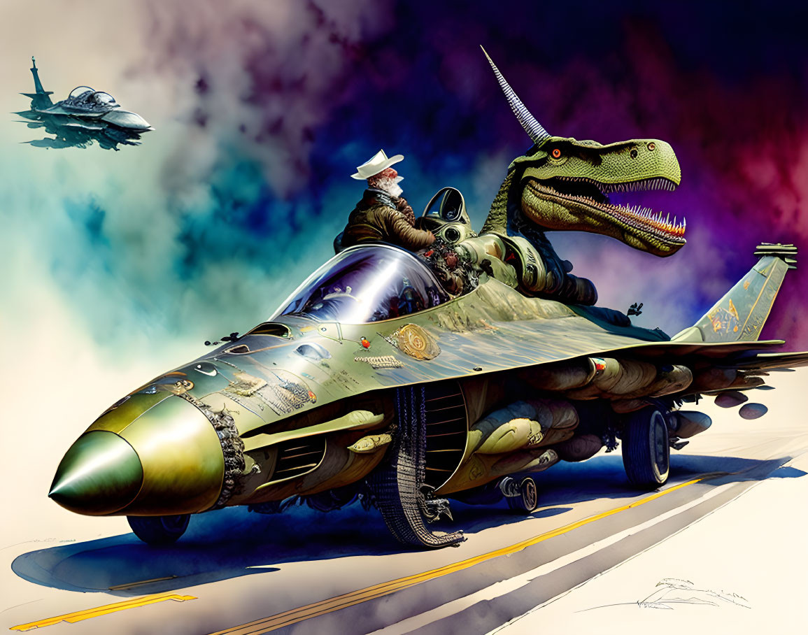 Anthropomorphic alligator pilot in uniform on military jet with fighter jet.