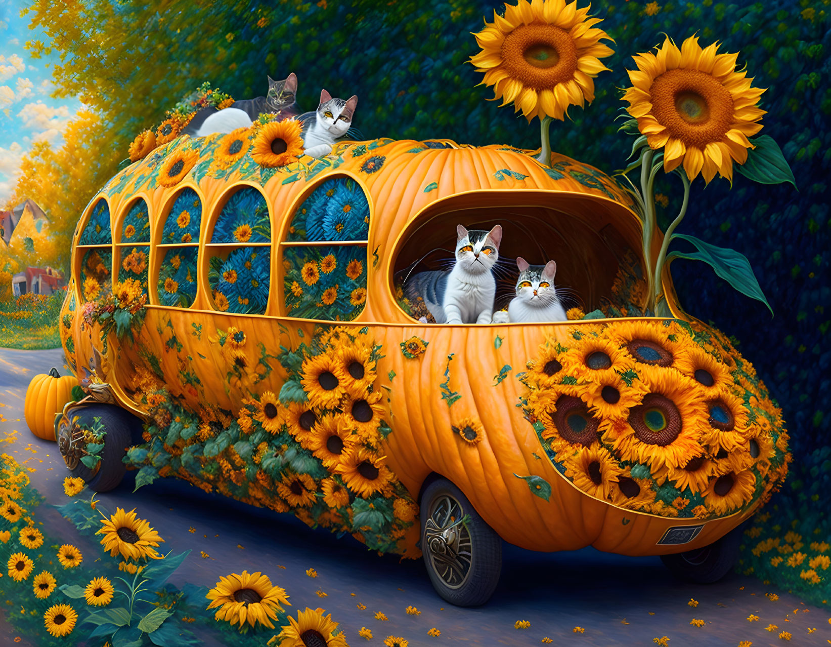 Illustration of pumpkin-shaped vehicle with sunflowers in colorful garden, cats peeking.