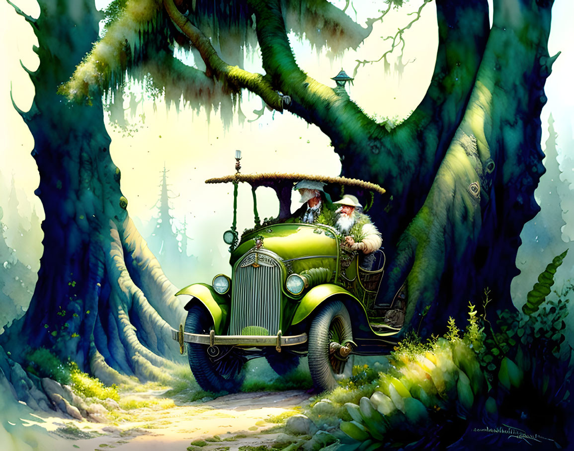 Elderly couple in classic car under moss-covered trees