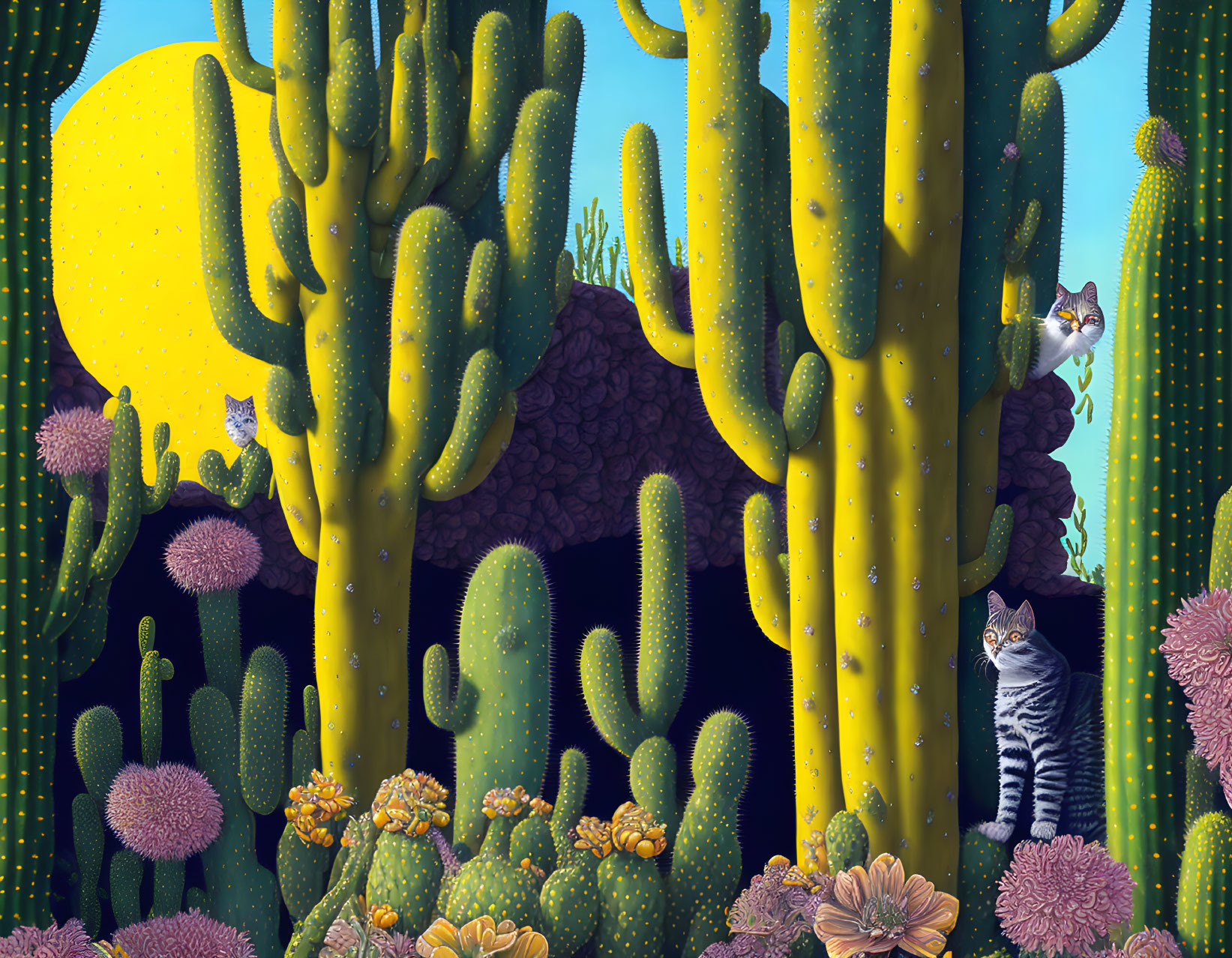 Diverse cacti and striped cat in desert landscape