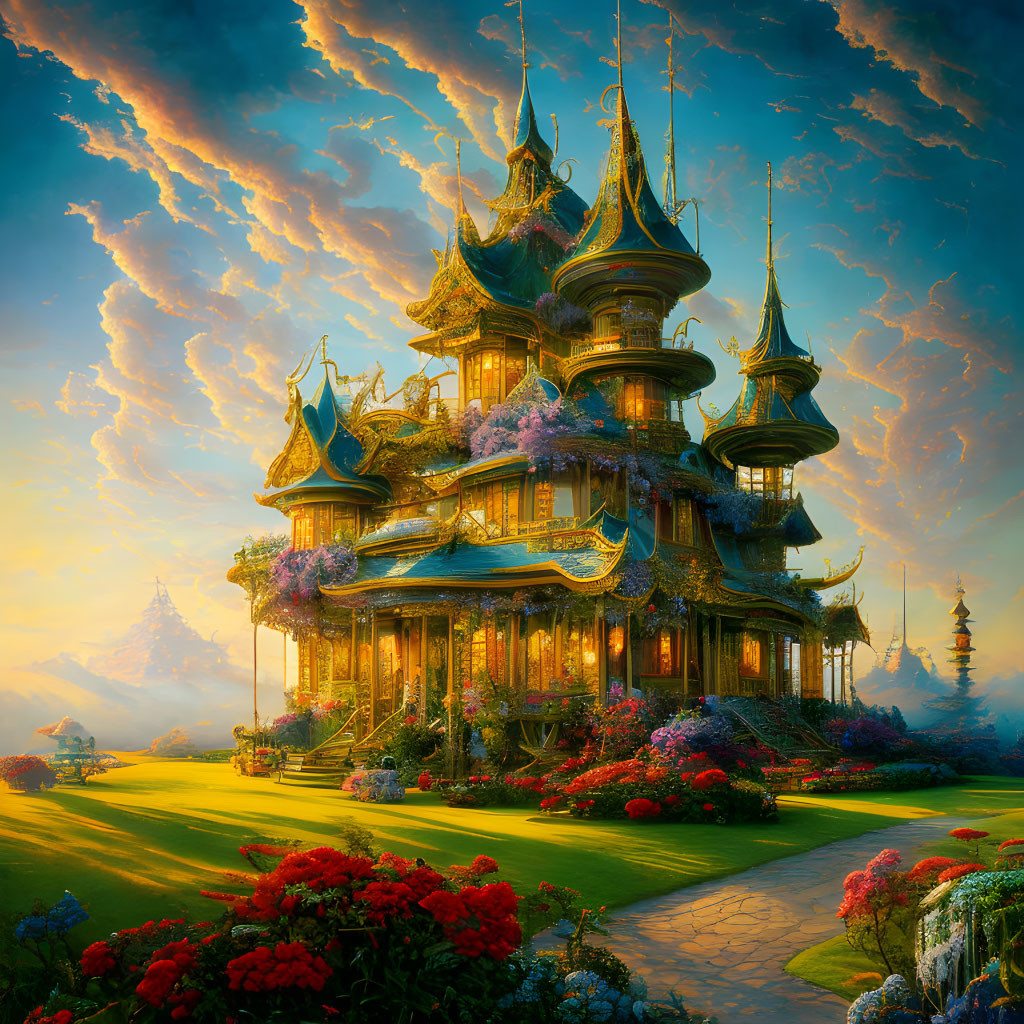 Fantasy palace in lush gardens at sunset