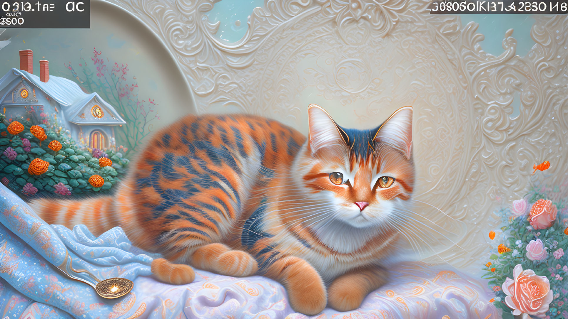 Orange Tabby Cat with Green Eyes Resting on Blue Fabric with Floral Background