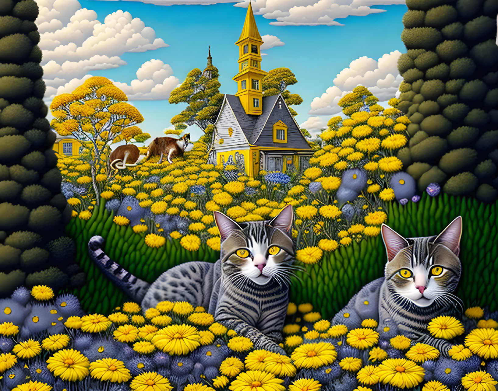 Colorful whimsical landscape with large cats, dandelion field, church, and cloudy sky