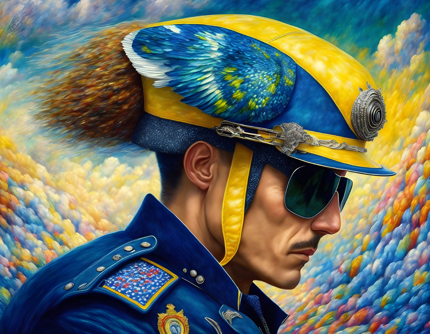 Colorful surreal portrait of man with peacock-feather military cap and sunglasses