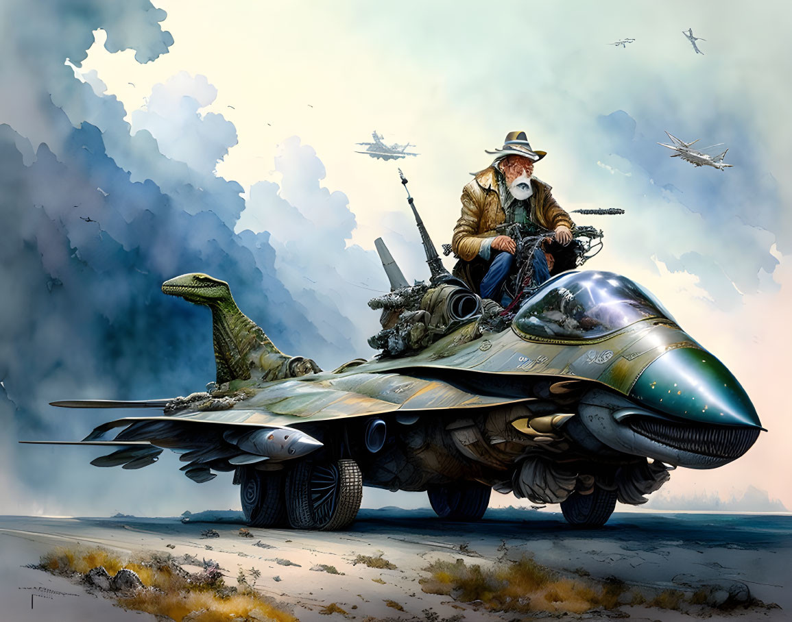 Futuristic illustration: old man on jet aircraft with dinosaur, planes in cloudy sky