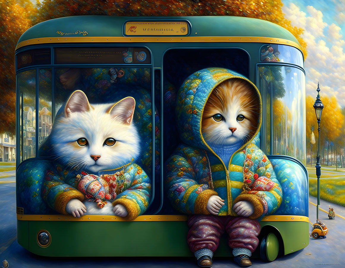 Anthropomorphic kittens in colorful jackets on vintage green trolley.