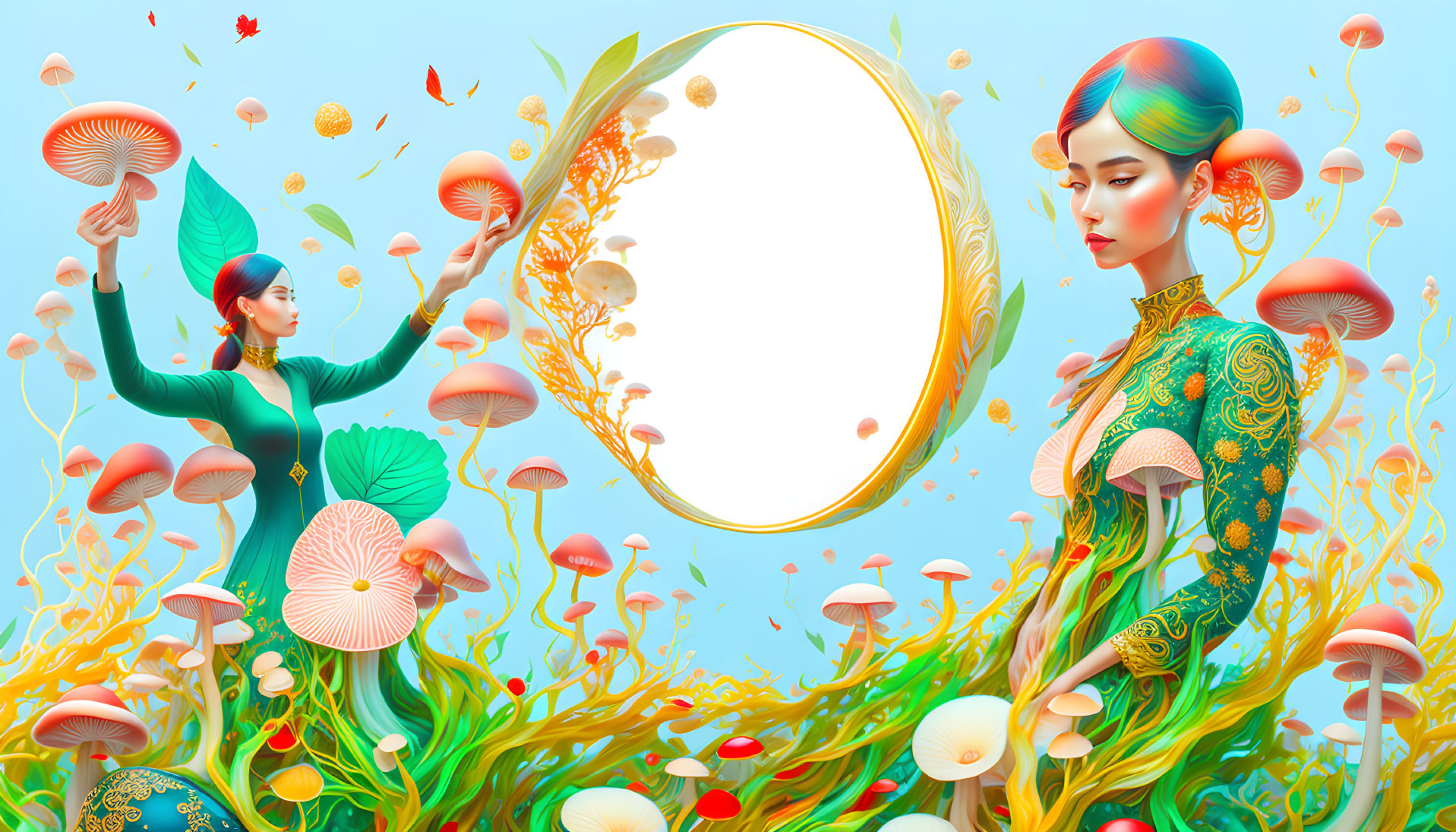 Stylized women with elaborate hairstyles in colorful, fantastical setting