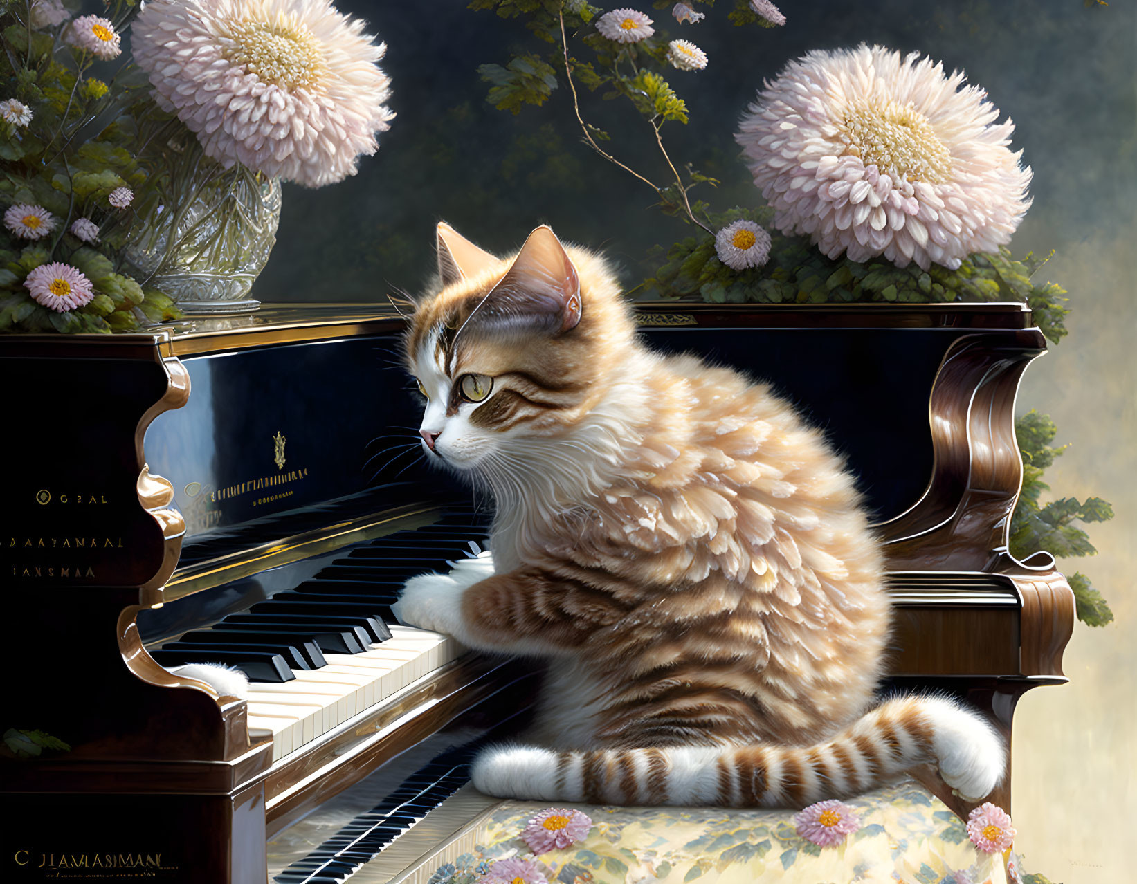 Tabby cat with pink flowers near piano keys on dark background