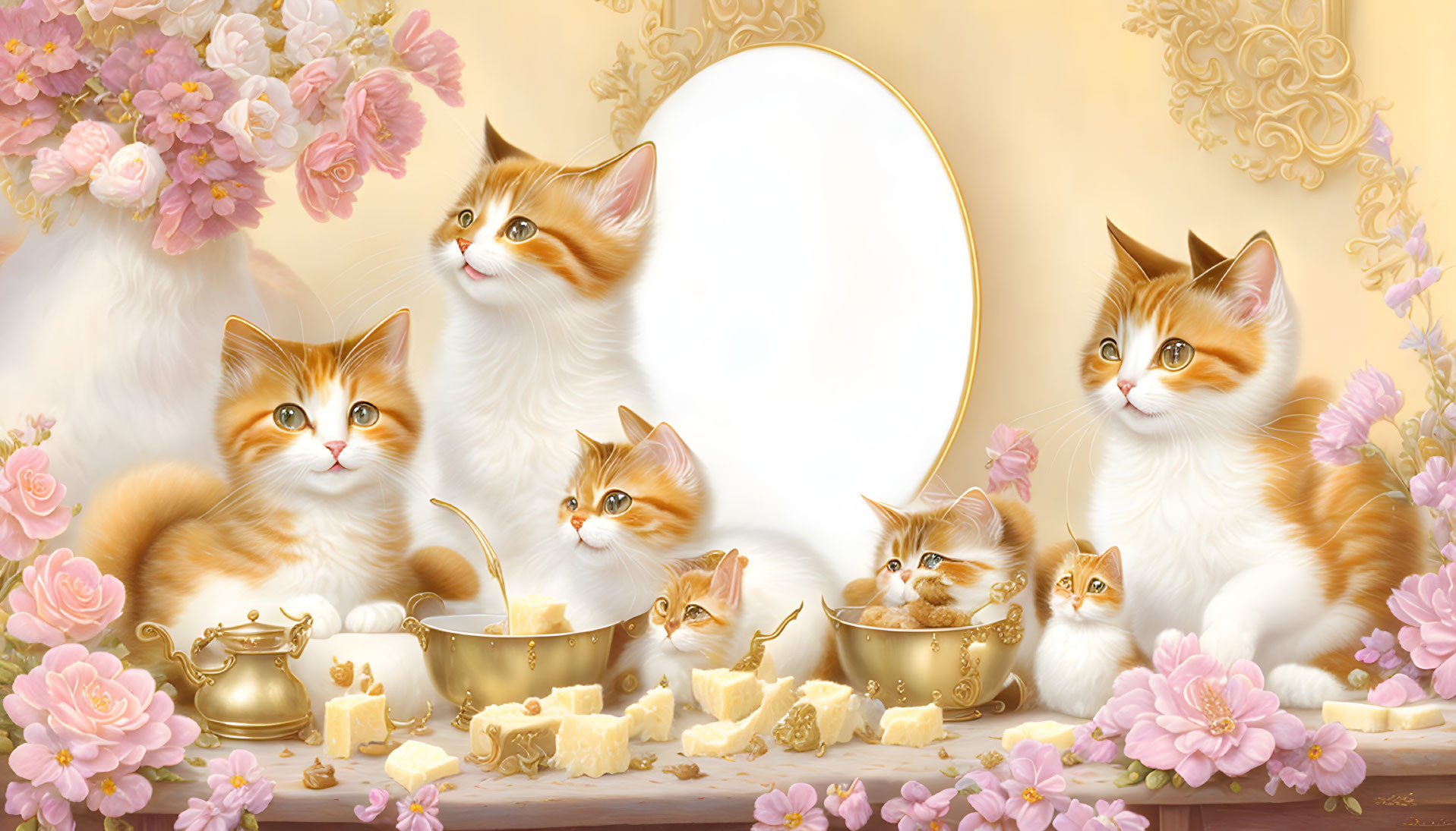 Orange and White Kittens with Pink Flowers and Cheese in Oval Frame