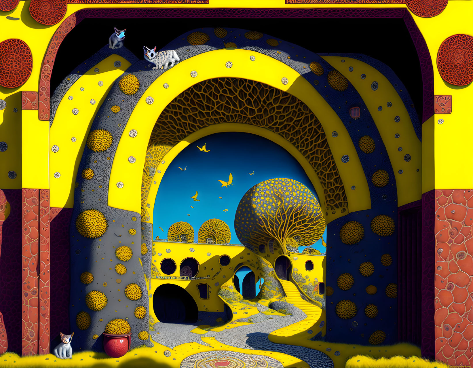 Colorful surreal landscape with archway, whimsical trees, flying fish, and observing cats.