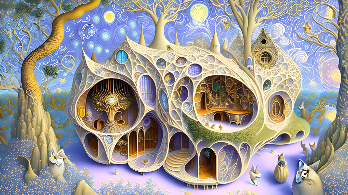 Colorful Illustration of Fantastical Treehouse in Enchanted Forest