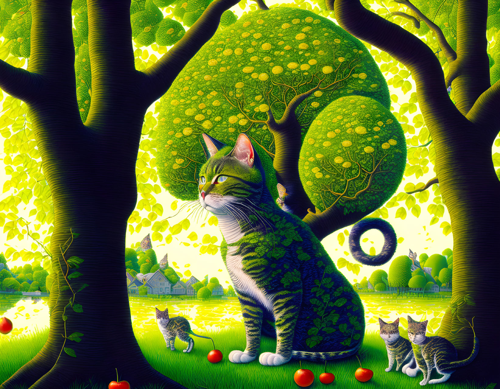 Whimsical garden illustration with vibrant colors and intricate blend of foliage, cats, trees, apples,