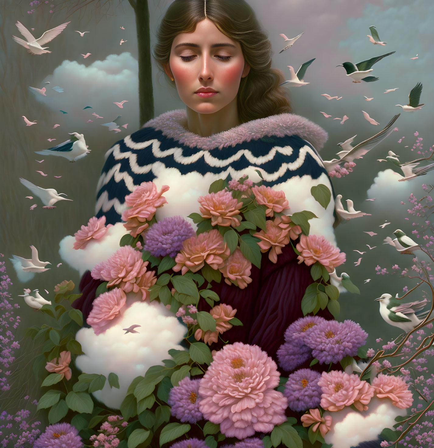 Pensive woman in zigzag sweater amidst lush flowers and birds