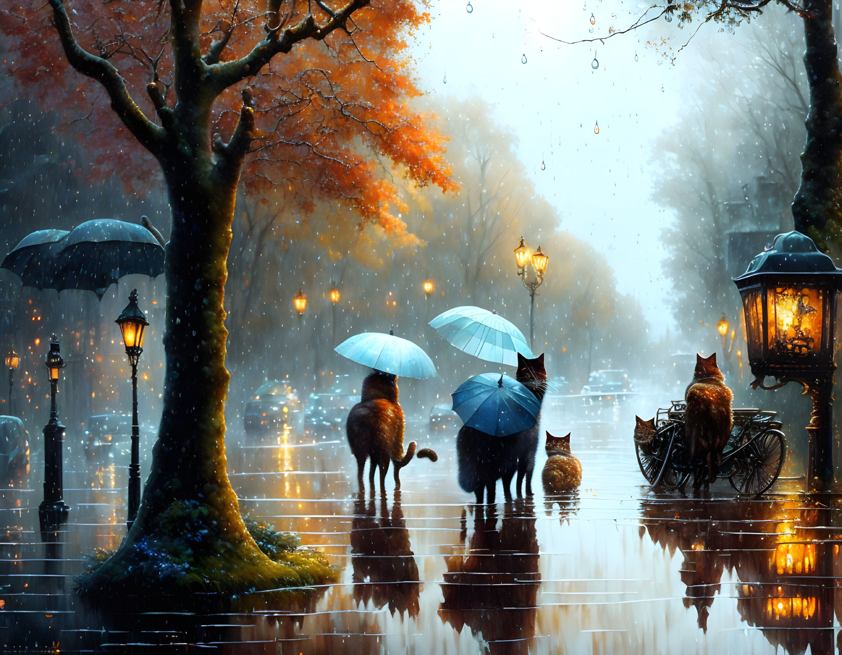 Autumn scene: Cats with umbrellas in rain under vintage lamppost.