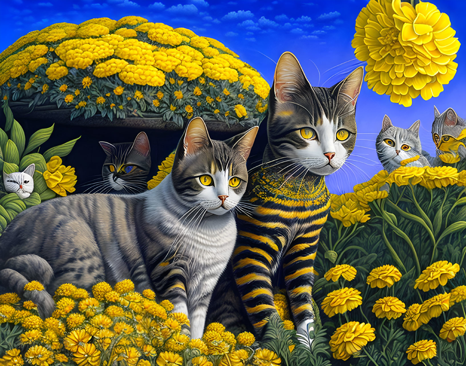 Vibrant illustration: five striped cats among yellow marigolds under blue sky