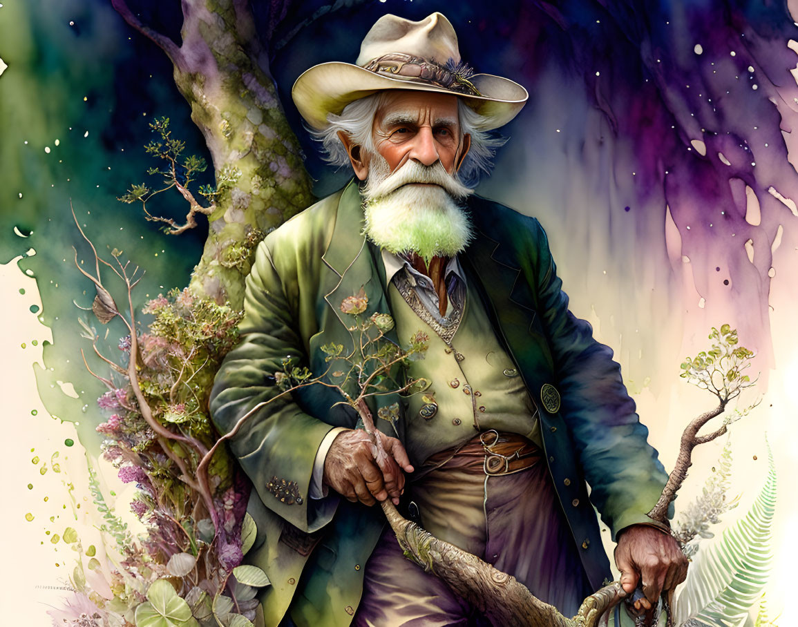 Elderly man with white beard in green jacket and hat in mystical forest