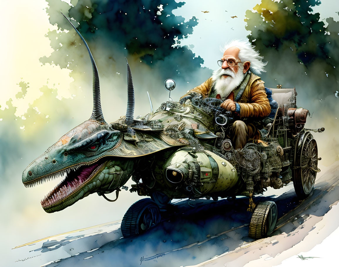 Elderly Man on Mechanical Dinosaur with Wheels in Colorful Smoke