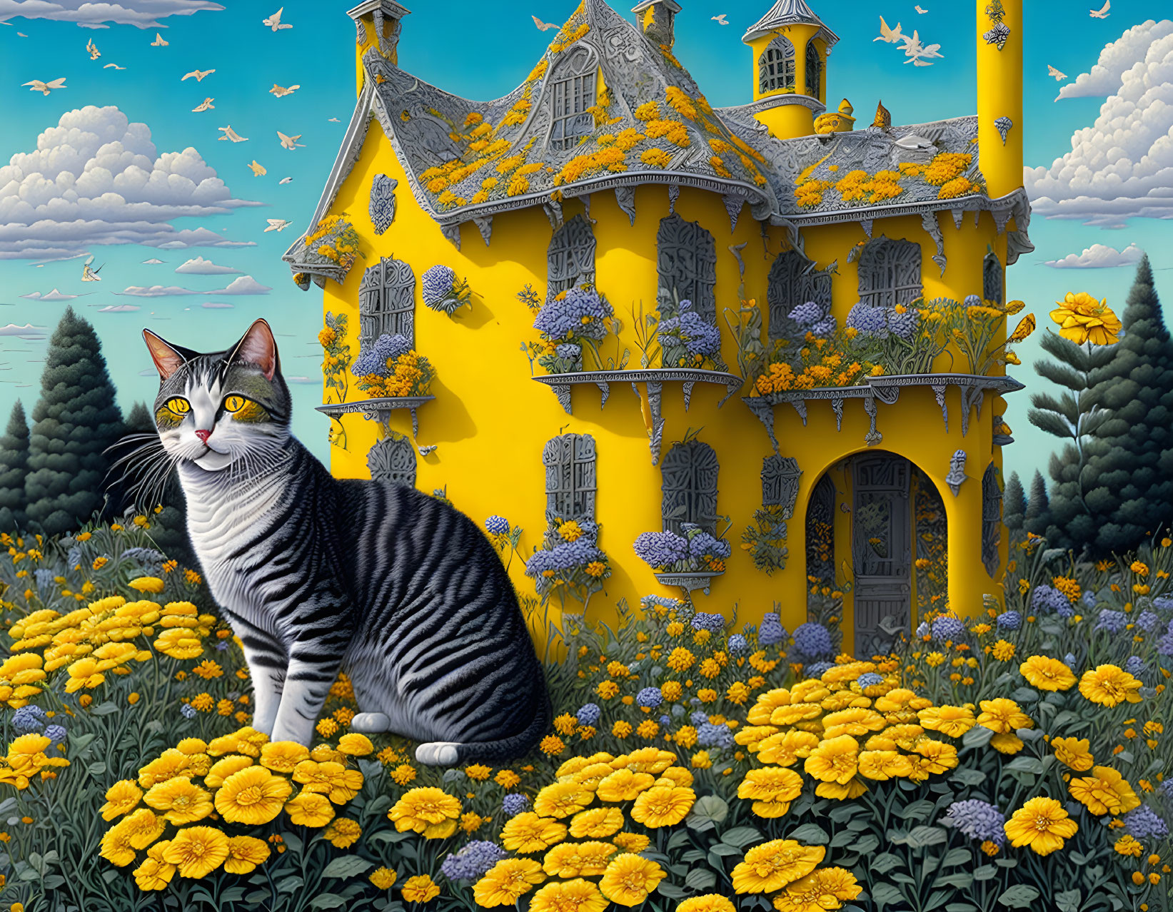 Striped cat in front of yellow Victorian house with flowers under blue sky